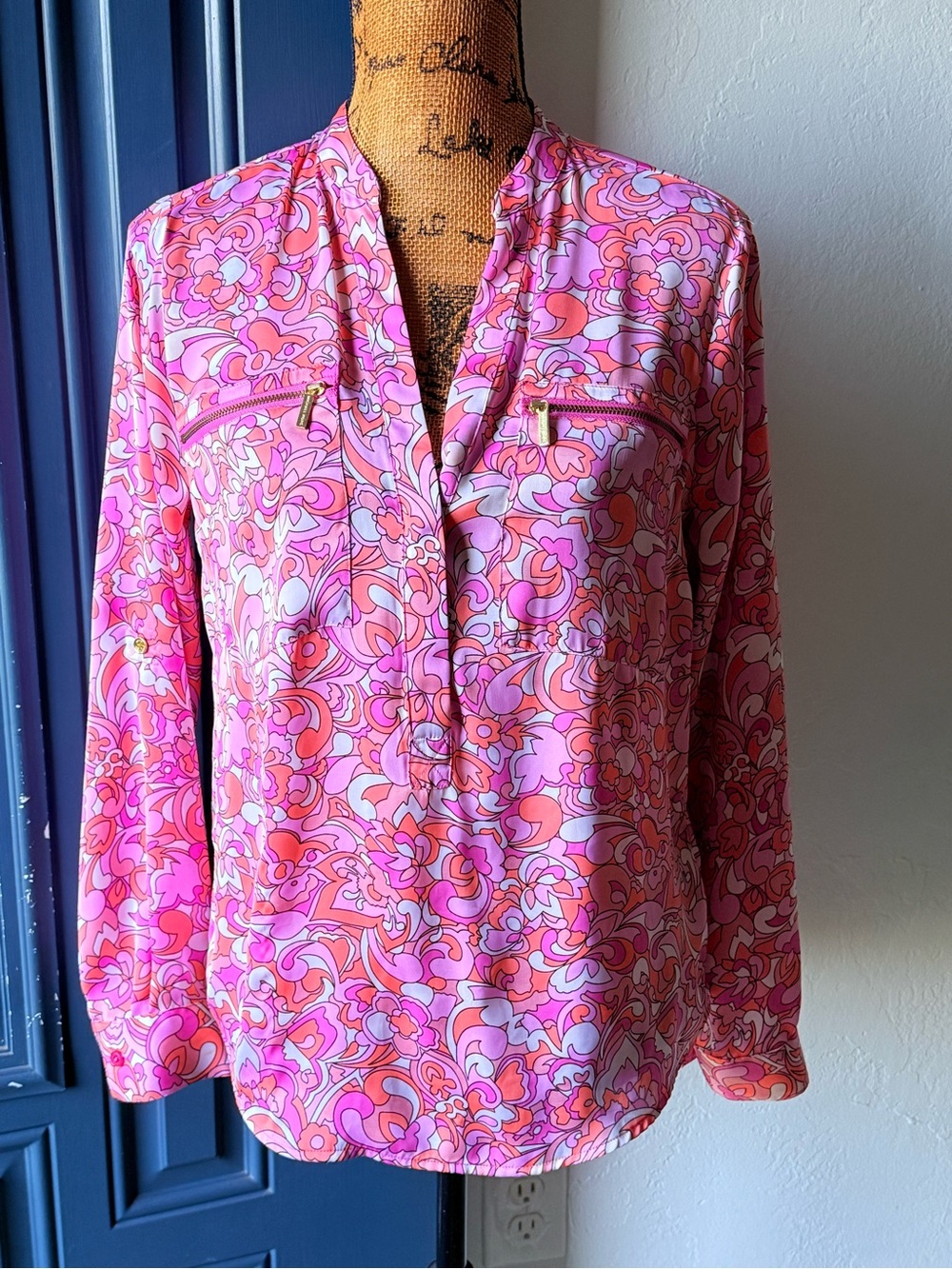 Michael Kors Pink & Orange Printed V-Neck Pullover Blouse